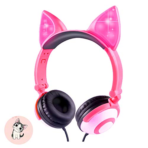 Product Cover Kids Headphones,Snowwicase - Wired Headphones for Kids,with LED Glowing Cat Ears Headphones,Foldable Over-Ear Gaming Headsets for Kindle/iPad/Children/Teens/Boys/Girls (Rose)
