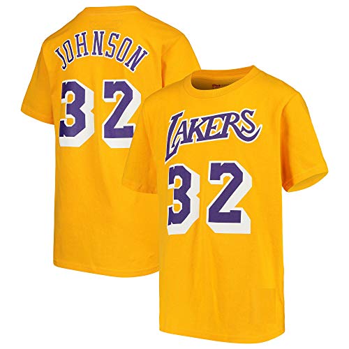 Product Cover OuterStuff Mitchell & Ness NBA Boys Youth 8-20 Hardwood Classics Name & Number T-Shirt (Magic Johnson Los Angeles Lakers Gold, Youth Large 14-16)