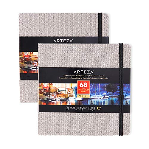 Product Cover Arteza Watercolor Sketchbooks, 8.25x8.25-inch, 2-Pack, 68 Sheets, Gray Art Journal, Hardcover 110lb Paper Book, Watercolor Sketchbook for Use as Travel Journal and Mixed Media Pad