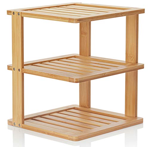 Product Cover BERYLAND Bamboo Corner Shelf - 3 Tier 10 x 10 inch and 11.5 inches high. Kitchen Cabinet Organizer - Pantry Organization and Storage - Bathroom Countertop Shelves