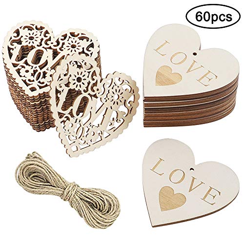 Product Cover CEWOR 60pcs Wooden Heart Shaped Slices with Twine, 3.15 Inch Wood Heart Embellishments DIY Craft for Valentine's Day Wedding Decorations, 2 Styles
