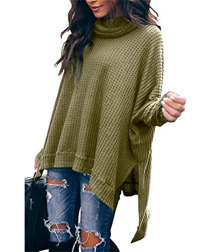 Product Cover PRETTYGARDEN Women's Casual Cowl Neck Solid Long Batwing Sleeve Pullover Tops Waffle Knit High Low Split Oversized Tunic Sweatshirt (Army Green, X-Large)