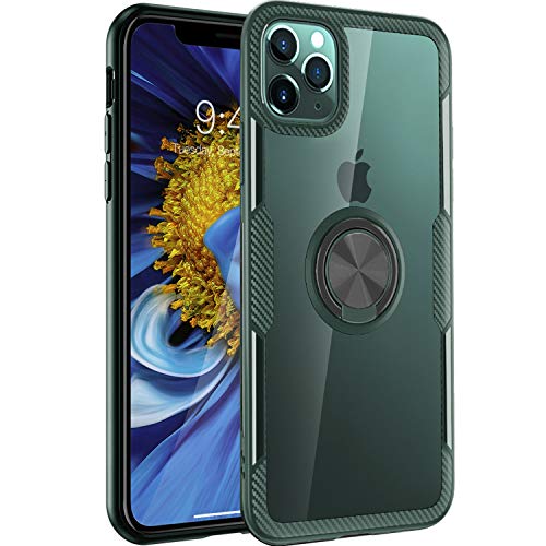 Product Cover iPhone 11 Pro Max Case 6.5 inch 2019, Carbon Fiber Design Clear Crystal Case with 360 Degree Rotation Finger Ring Holder Kickstand(Work with Magnetic Car Mount) for Apple iPhone 11 Pro Max,Dark Green
