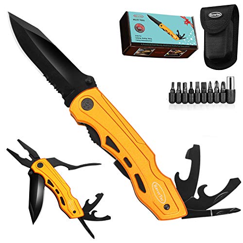 Product Cover Pocket Knife MultiTool with Safety Locking Blade, Gifts for Men&Women, Tactical Knife/Folding Knife/Utility Knife with Pliers, Bottle Opener, Screwdriver, Great for Hunting, Outdoor, Survival(Gold)
