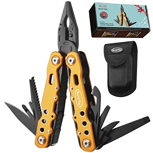 Product Cover 12 in 1 Multi-tool with Safety Locking, Gift for Men&Women, RoverTac Multitool with Pliers, Knife, Bottle Opener, Screwdriver, Saw-Perfect for Outdoor, Survival, Camping, Fishing, Hiking (gold)