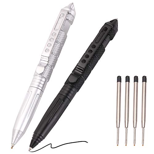 Product Cover 2 Pack Military Tactical Pen Set, Self Defense Tool Emergency Glass Breaker, Professional Survival Gear, with 6 Black Ballpoint Refills for Writing, Made of Tungsten Steel & Aluminum (Black & Silver)