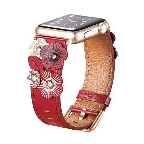 Product Cover Handmade Flower Leather Watch Band Compatible with Apple Watch 38mm 40mm Design Watchband for iwatch Series 4/3/2/1 Replacement Band Strap with with Stainless Steel Buckle Women Men (Red, 38mm 40mm)