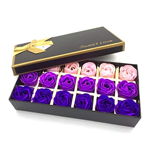 Product Cover Bath Soap Rose Flower Floral Scented Soap Rose Petals Body Soap in Gift Box for Valentine's Day Anniversary Mother's Day Birthday (18 Pcs/Box Gradient） (Purple)