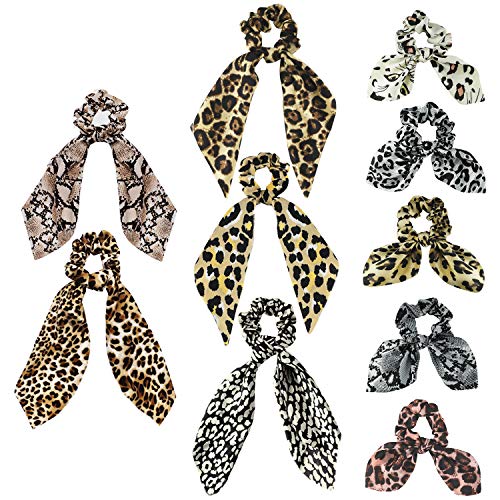 Product Cover Cheetah Hair Scarf Scrunchies, Funtopia 10 Pcs Ribbon Bow Scrunchies with Animal Pattern, Including 5 Leopard Print Long Scrunchies & 5 Bunny Ear Scrunchies, Soft Scarf Hair Ties for Women
