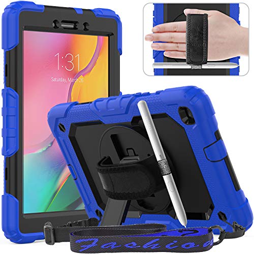 Product Cover Timecity Samsung Galaxy Tab A 8.0 Case 2019 (Only Fit SM-T290/T295/T297), Samsung Tablet Cover Holder with Rotating Stand Strap Handle, Heavy Duty 3 Layer Shockproof Protective Case, Black/Dark Blue