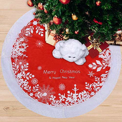 Product Cover ROXENDA Christmas Tree Skirt, 48 Inch(122cm) Circular Red and White Snowflake Printing Holiday Party Tree Decoration Skirts (48 inch)