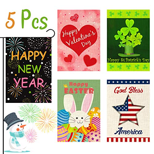 Product Cover WATINC 5Pcs Welcome Garden Flag for Happy New Year Holiday Decorations Valentine's Day St. Patrick's Easter Independence Day Double Sided Burlap Seasonal House Flags for Outdoor Yard 12.4 x 18.2 Inch