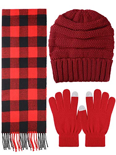 Product Cover Knitted Beanie Hat Gloves and Soft Scarf Winter Warm Set for Women Men, 3 Pieces (Wine Red and Plaid)