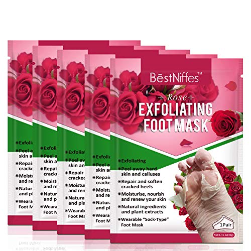 Product Cover Foot Peel Mask 5 Pack, Rose Exfoliator Foot Mask Peeling Away Calluses Dead Skin Remover Repair Rough Heels, Baby Soft Smooth Touch Feet-Men Women
