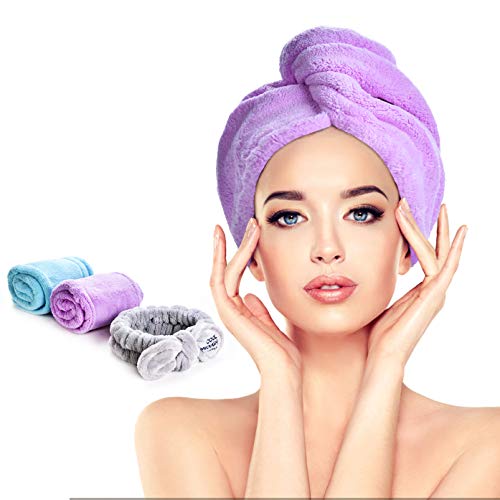 Product Cover Rino Soft 3 Pack(2+1) Microfiber Hair Towel Wrap, Shower Cap, Hair Drying Caps, Super Absorbent Quick Dry Hair Turban For Drying Curly, Long & Thick Hair to Protect Hair (Blue+Purple)