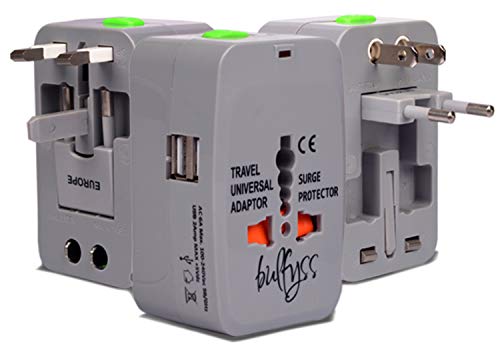 Product Cover Bulfyss Universal Travel Adapter with Built in Dual USB Charger Ports Surge/Spike Protected Electrical Plug with 125V 6A, 250V (Grey) - Made in India
