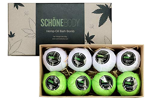 Product Cover Hemp Bath Bombs, Large Set of 8 Bath Bombs. By Schone Body, 2 relaxing Scents of Refreshing Mint and Hemp Oil and Soothing Lavender and Hemp Oil. Made with Pure Essential Oil Vegan Set