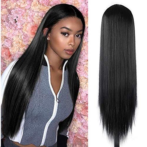 Product Cover 30 inches Black Lace Wigs for Women Silky Straight Long Synthetic Hair Wigs Middle Part Hairline Party Cosplay Wigs Heat Resistant Fiber Natural Looking Wig