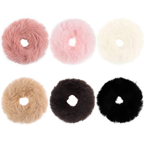 Product Cover 6 Pcs Faux Fur Hair Scrunchies Fuzzy Furry Artificial Rabbit Fur Elastics Ties Fluffy Pom Pom Hair Band Ponytail Holder Hair Accessories Wrist Band for Women Lady(6 Colors)
