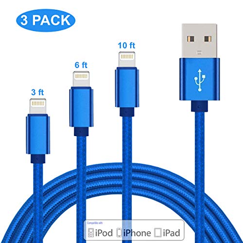 Product Cover ZHONGXING Phone Charger Cable 3 Pack(3 Feet 6 Ft 10 Foot) Nylon Braided Cord USB Fast Charging Cables,Compatible for Phone 11 Pro Max/Phone Xs Max/XR/X/ 6/6s Plus/7/7Plus/i8 Plus Air Pod - Blue