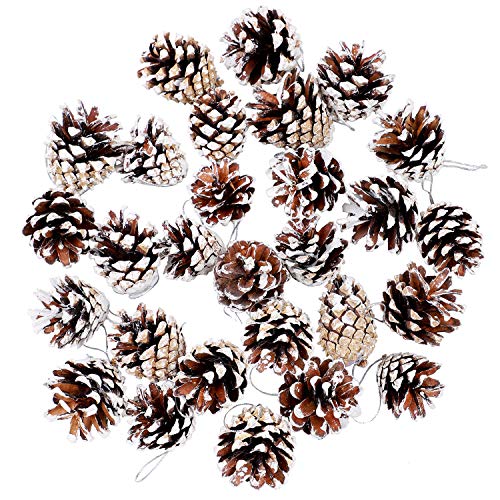 Product Cover Cooraby 27 Pieces Mini Pine Cones Christmas Snow Hanging Pine Cones Natural Ornament 3 to 4cm Pine Cones Pendant with String Tag Party Decoration
