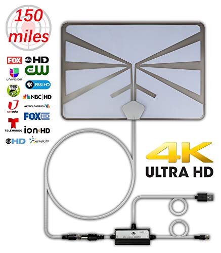 Product Cover HTV 4K HDTV TV Antenna 150 Miles Range Indoor Digital TV Antennas with Signal Amplifier Booster Support 4K 1080P 16Ft Coaxial Cable UHF VHF, TV Antennas for Digital TV Indoor, Best One 2019 White