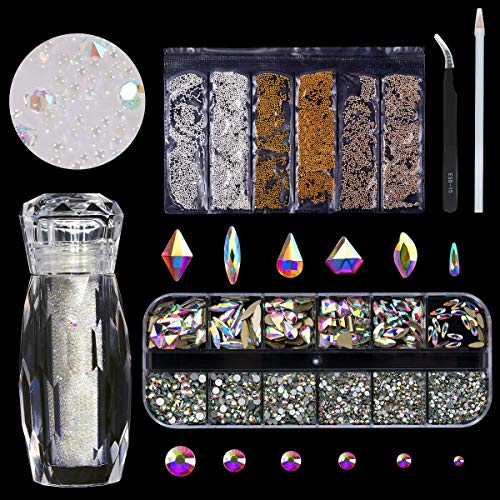 Product Cover 120 Pcs Glass Crystal AB Rhinestones For Nail Art Craft(120+1656pcs),Micro Nail Pixie Beads 1 Bottle,Mixed Colors Metal Bead 1 Pack Nails 3D Decorations Nail Art Kit