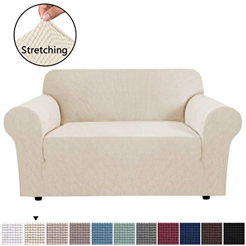 Product Cover H.VERSAILTEX High Stretch Sofa Cover 1 Piece Couch Shield Machine Washable Stylish Furniture Cover/Protector with Spandex Jacquard Checked Pattern Fabric (Loveseat, Natural)