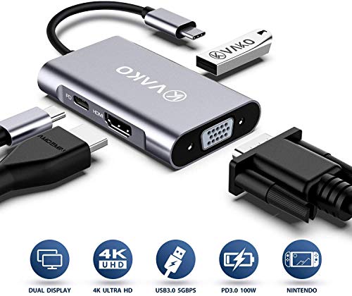 Product Cover USB C Hub,Upgrade 10 Protection 4 in 1 USB C to HDMI 4K+VGA Adapter,HDMI+VGA Dual Display,USB 3.0 5Gbps 900mA(Max) Output,100W Power Delivery for Nintendo Switch/MacBook Pro/Air/Ipad Pro/Dell XP