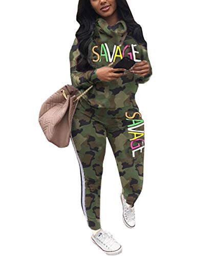 Product Cover Womens Casual 2 Piece Outfit, Camouflage Letter Print Long Sleeve Pullover Sweatshirt Pants Tracksuits Set