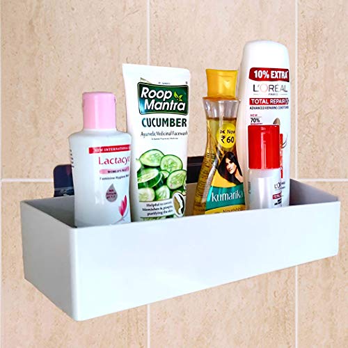 Product Cover TDas Bathroom Organizer Shelf Shelves Rack self Adhesive Plastic Holder Rectangular Kitchen Multipurpose shelve Box Wall Mount (White)