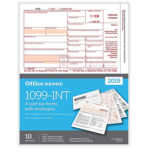 Product Cover Office Depot Brand 1099-INT Laser Tax Forms and Envelopes, 2019 Tax Year, 4-Part, 8-1/2