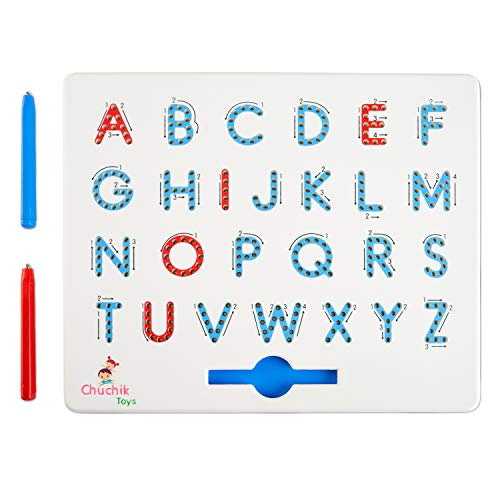 Product Cover CHUCHIK Toys Magnapad Magnetic Drawing Board - Interactive Alphabet Letter Tracing Board Game for Ages 3-5 - Portable Kids Writing Board and 2 Pen Magnets for Educational Play and Alphabet Games