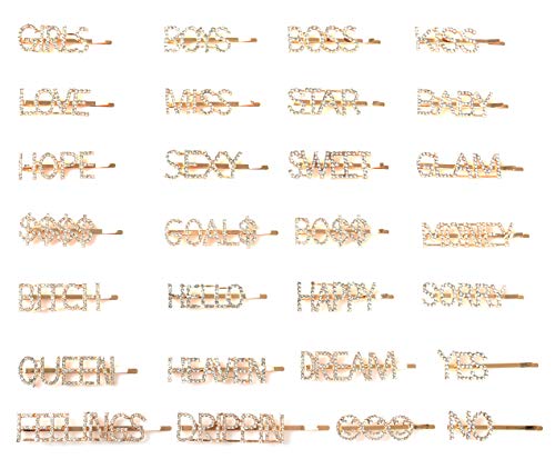 Product Cover 28 Pieces Letter Hair Clips Glitter Word Pins Wedding Crystal Rhinestones Hair Barrettes GIRLS BOYS BOSS KISS LOVE MISS STAR BABY HOPE SEXY SWEET GLAM $$$$ GOAL$ BO$$ MONEY for Girls (Gold)