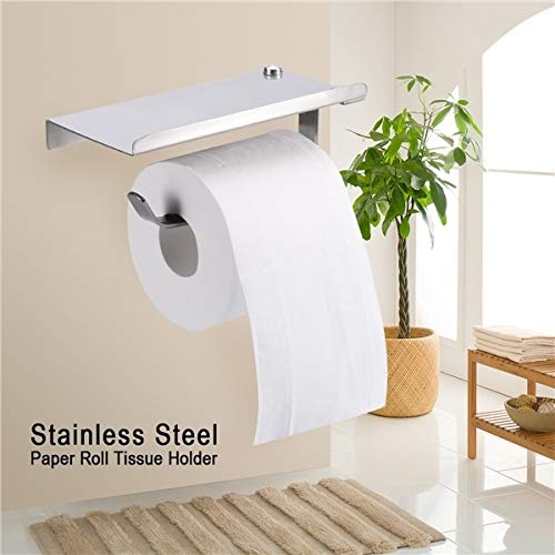 Product Cover SUCASA Toilet Paper Holder with Phone Shelf Wall Mounted, SUS304 Stainless Steel Bathroom Accessories Tissues Roll Dispenser Storage Rack, Brushed (1)