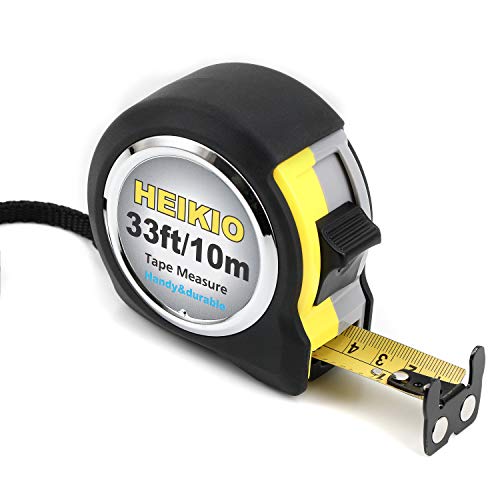 Product Cover HEIKIO Tape Measure 33 Feet(10M), Double-sided Metric and Inch Scale with Fractions, Double Stop Buttons Tape Ruler with Magnetic Hook - Professional Measuring Tape Retractable, Handy Size and Durable