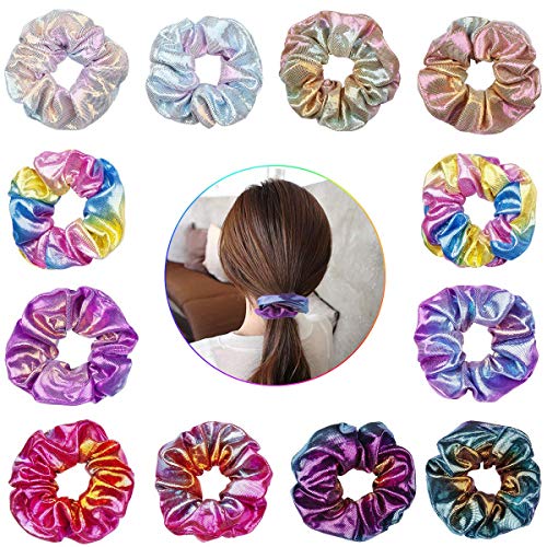 Product Cover 12 Pieces Shiny Metallic Scrunchies, Girls Hair Scrunchies Mermaid Scrunchie Elastics Hair Tie for Women