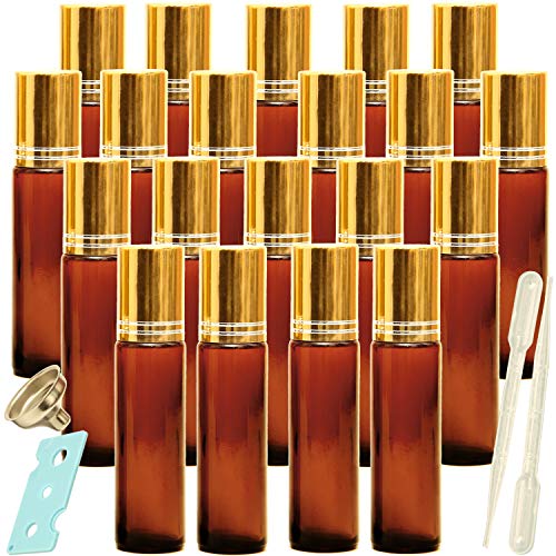 Product Cover Youngever 20 Pack Amber Essential Oil Roller Bottles with Stainless Steel Roller Balls, Opener, 2 Clear Transfer Pipettes, Stainless Steel Mini Funnels and Extra Roller Ball