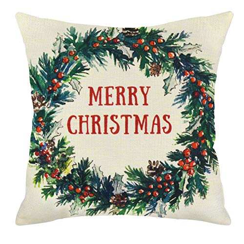 Product Cover MENOLY Christmas Pillow Cover Merry Christmas Berry Wreath Throw Pillow Cover Cotton Linen Pillow Cases Cushion Couch Covers Throw Pillow Case 18 x 18 Inch for Christmas Decorations