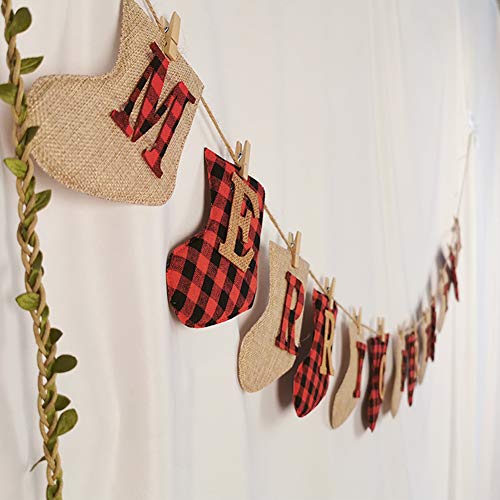 Product Cover Merry Christmas Banner - Burlap Sock Shaped Christmas Decoration, Unique Hand-Sewn Christmas Decor, Great Firepalce Decoration for Christmas