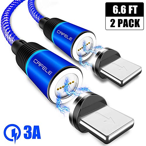 Product Cover Magnetic Phone Charger for iOS Devices, CAFELE 2 Pack 6.6ft Magnetic Charging Cable with Led Light, 3.0A Nylon Braided Magnet USB Cord Support Data Trasfer for Phone Xs/Max/XR/X/8/8Plus/More (Blue)