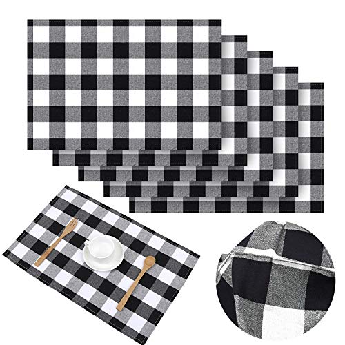 Product Cover Aneco 6 Pack Checkered Placemats Place Mats 13 x 19 Inches Plaid Double Layer Placemats Decorative Kitchen Cotton Table Placemats, Black and White