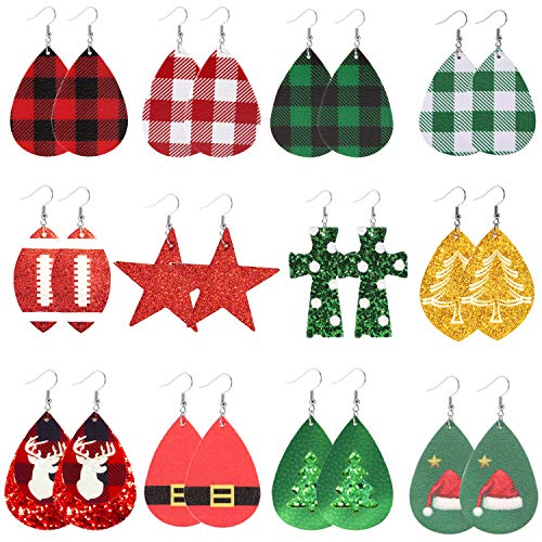 Product Cover Leather Earrings Buffalo Plaid Earrings Xmas Faux Leather Earrings Teardrop Dangle Earrings For Women Girls Christmas Party Supplies 12 Pairs