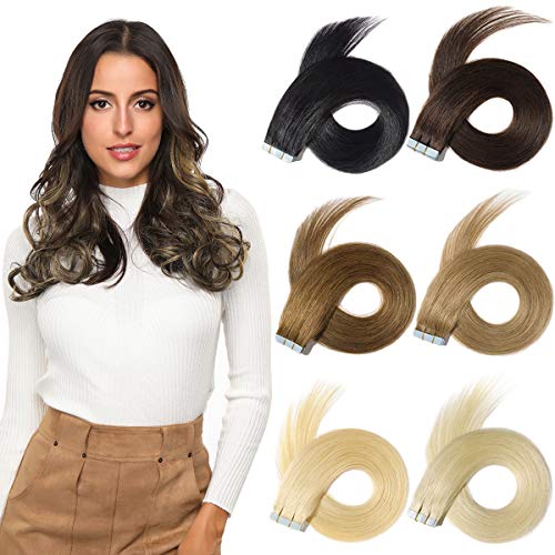 Product Cover ROSEBUD Tape in Hair Extensions REMY Human Hair, Secure Skin Weft Hair Extensions Seamless 40g/Pack 20Pcs 14 Inch