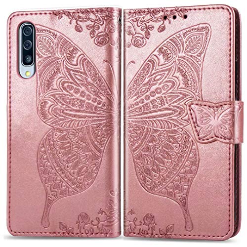 Product Cover Ropigo Samsung Galaxy A70 Wallet Case | 3D | Butterfly | Magnetic Closure | Kickstand | Wrist Strap | Compatible with Galaxy A70 Rose Glod