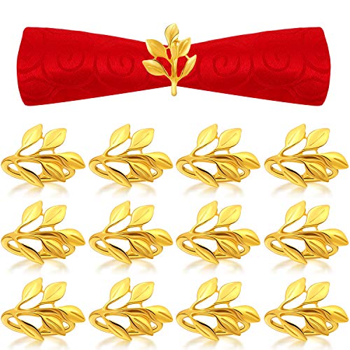 Product Cover Napkin Rings Set of 12, Leaf Napkin Ring Holders, Bridal Napkins Rings Glossy Napkin Holder Adornment for Vintage Christmas, Holidays, Dinner Decor Favor (Gold)