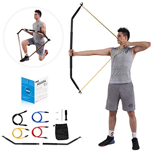 Product Cover IRON AGE Resistance Band Training Bow Two-Piece Versatile Home Gym Full Body Workout Equipment - Idea for Preacher Curls, Tricep Push Downs, Weightlifting, Rows, Pulldown - Come with 4 Bands((10, 20