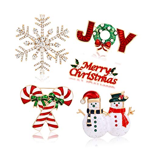 Product Cover Christmas Brooch Pins Including Marry Christmas Joy Snowflake Christmas Candy Cane Snowman Brooch Xmas Christmas Holiday Party Gifts for Women Girls Kids
