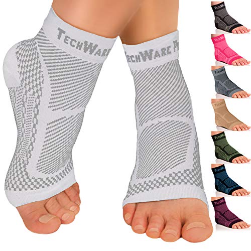Product Cover TechWare Pro Ankle Brace Compression Sleeve - Relieves Achilles Tendonitis, Joint Pain. Plantar Fasciitis Foot Sock with Arch Support Reduces Swelling & Heel Spur Pain. (White, L/XL)