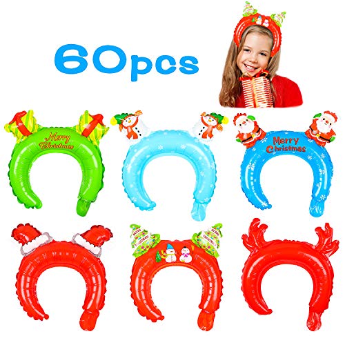 Product Cover MALLMALL6 60Pcs Christmas Inflatable Headbands Balloon Hats Hair Hoops Dress Up Costumes Christmas Headband Santa Hat Reindeer Antler Snowman Party Supplies Party Favors Photo Props for Kid Boys Girls